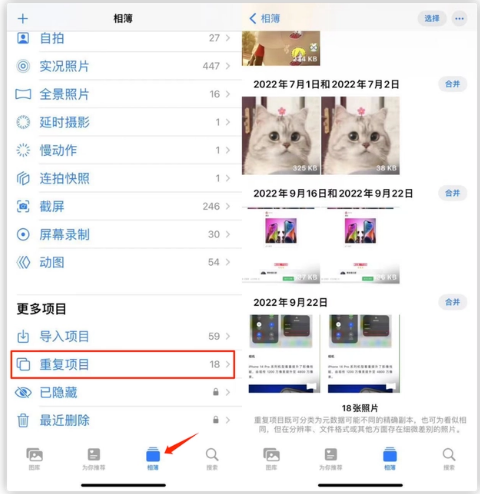 宜秀苹果手机维修分享iOS 16 中相册重复项目功能使用方法 