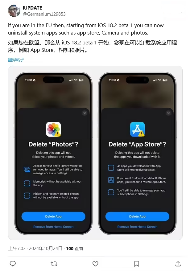 宜秀苹果手机维修分享iOS 18.2 支持删除 App Store 应用商店 